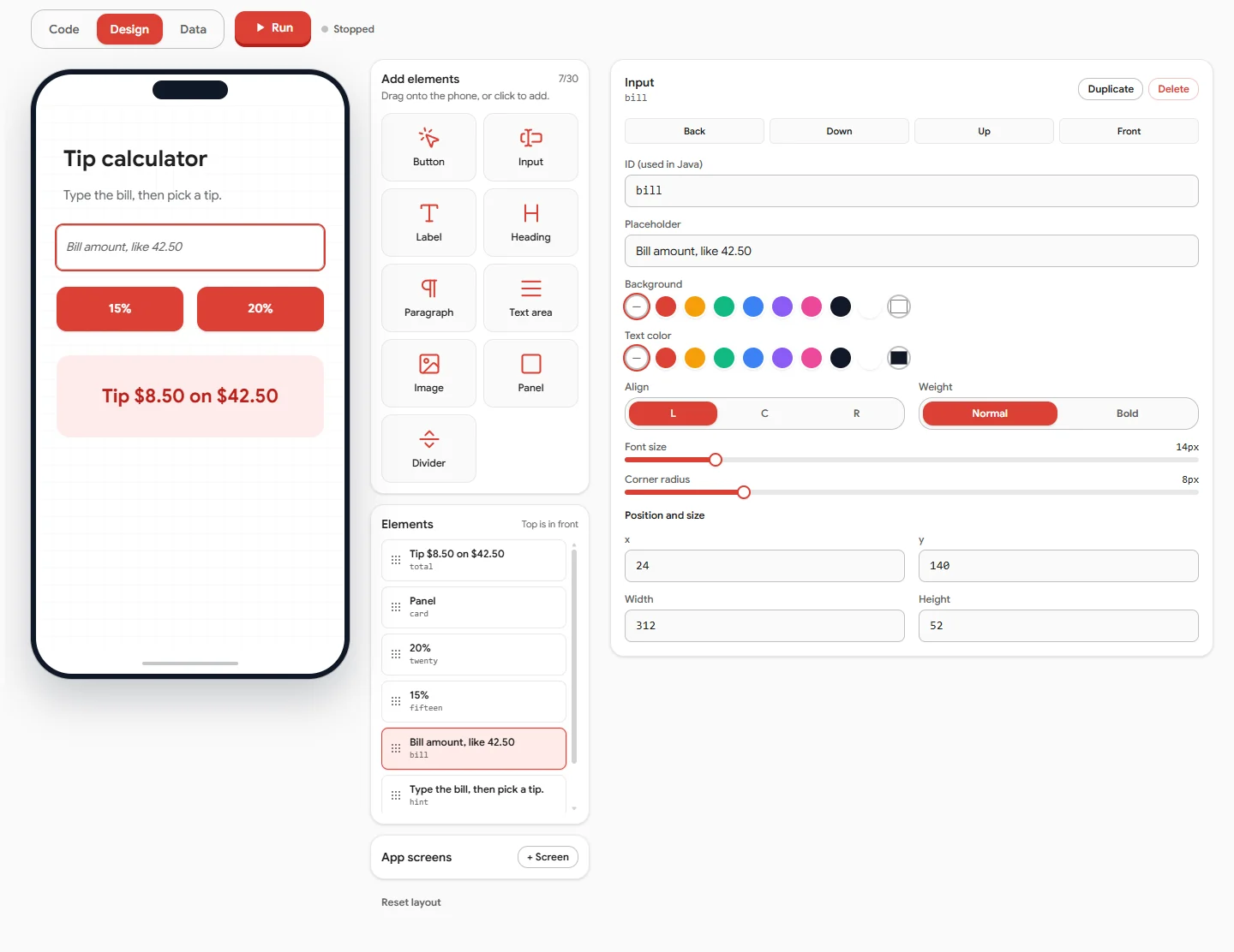 Laying out buttons and fields on the phone screen and editing the bill input