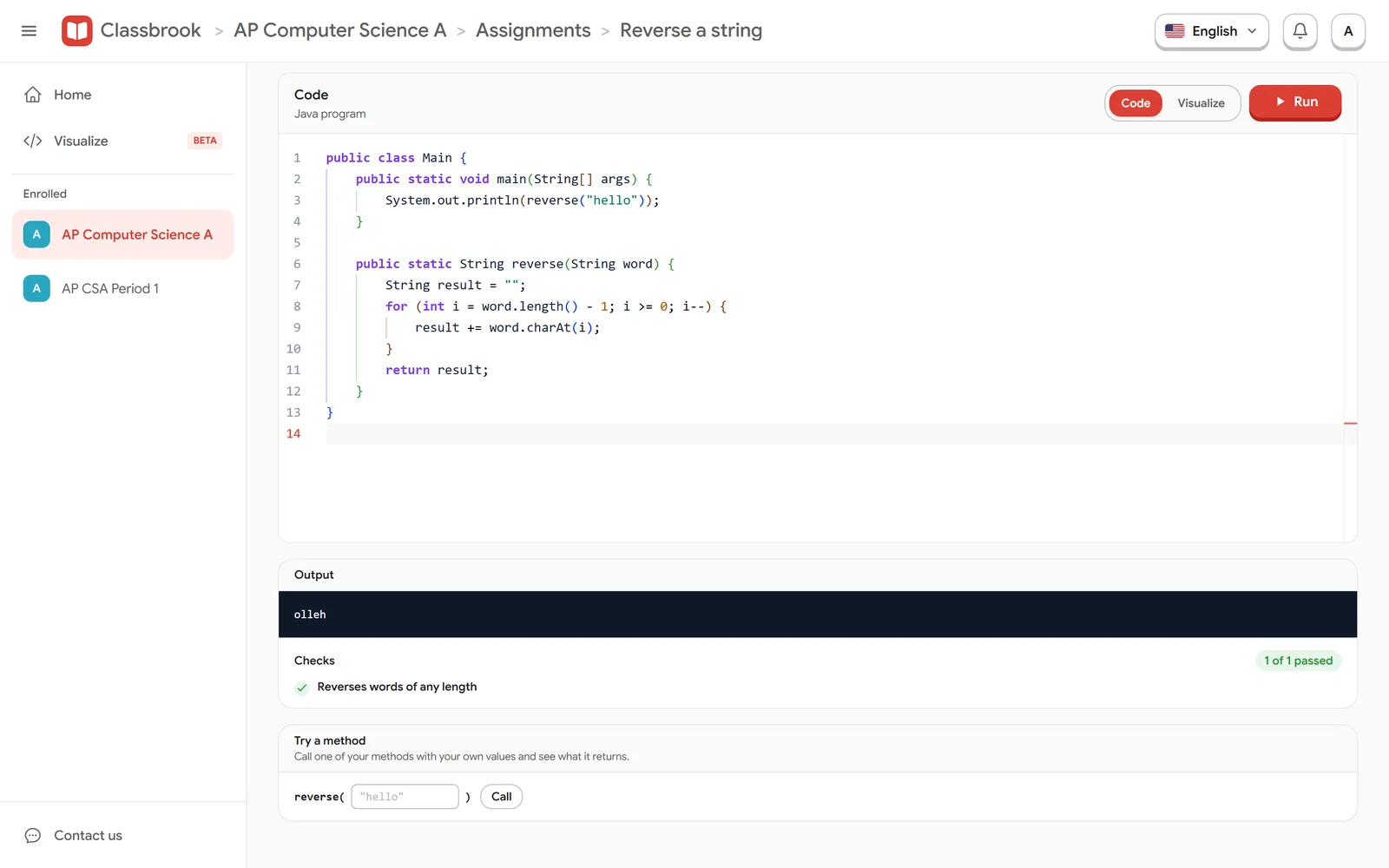 A Java assignment with run output and passing checks