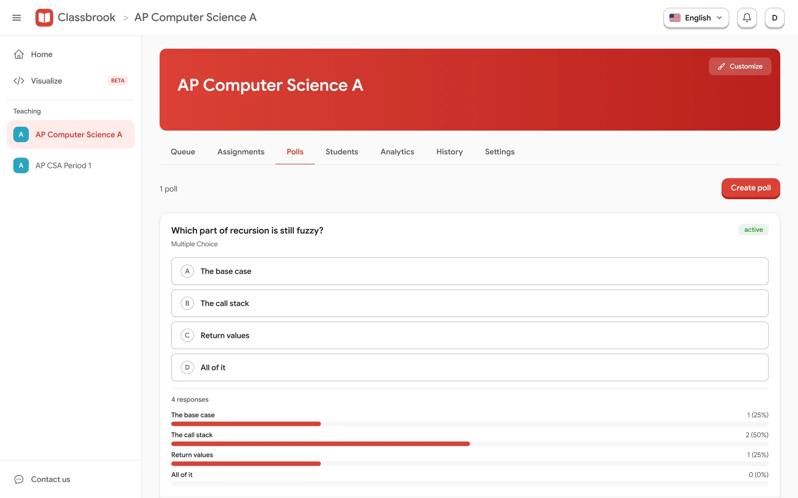 A live poll with results by answer
